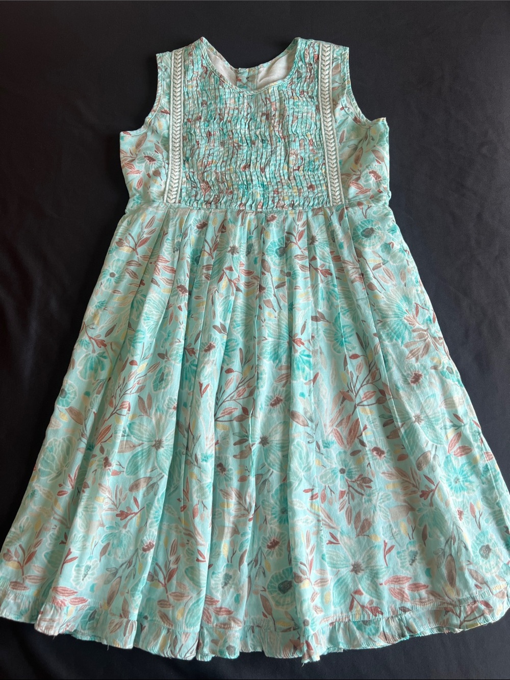 Girls' Mint Floral Smocked Bodice Casual Dress